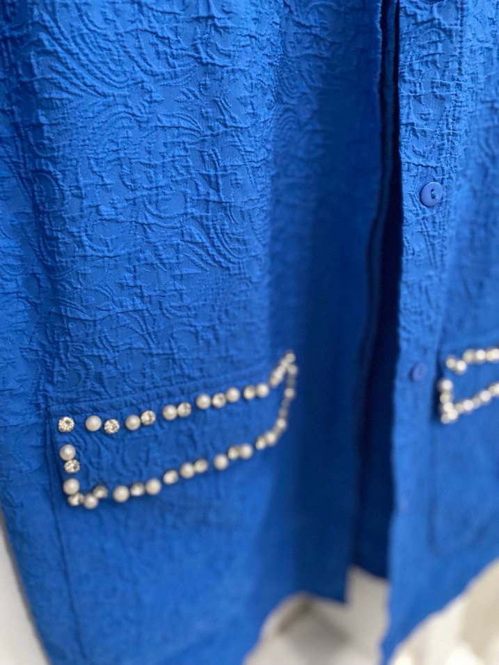 Nakışlı Mavi Keten Kadın Gömlek - Görsel 2