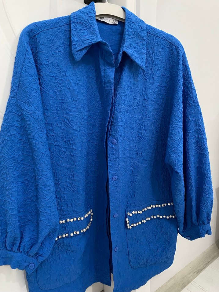 Nakışlı Mavi Keten Kadın Gömlek - Görsel 4