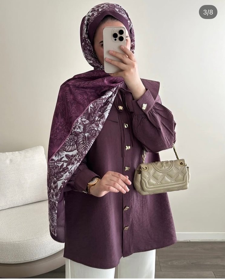 Düğmeli, Yakalı, Uzun Kollu Mor Keten Gömlek - Görsel 2