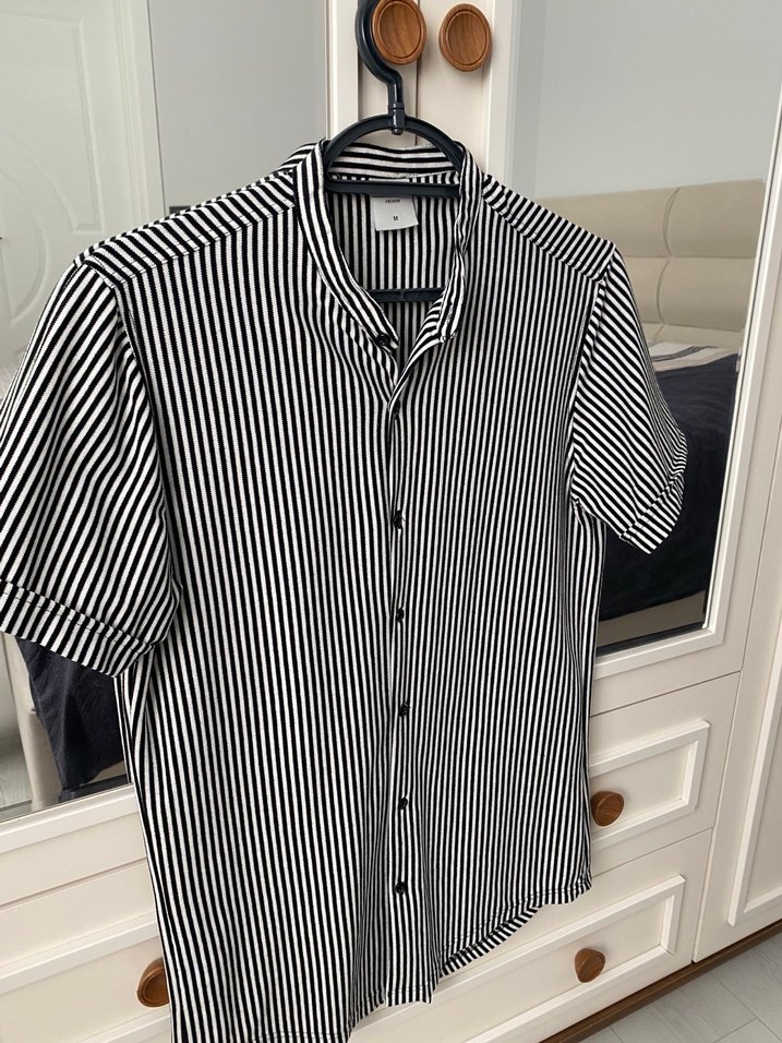 Gri Çizgili Kısa Kollu Regular Fit Erkek Gömlek - Görsel 4