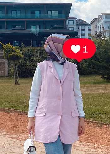 36 Beden Düğmeli Pembe Keten Kolsuz Midi Blazer