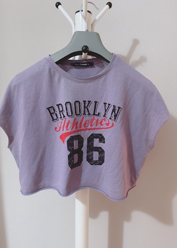 Kız Crop Tişört Mor Oversize Baskılı Tişört