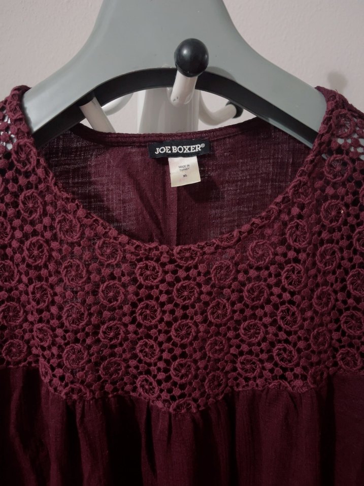 Bordo Nakışlı Dantel Detaylı Bohem Bluz - Görsel 2