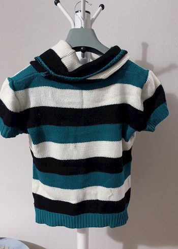 Kısa Kollu, Boğazlı Çizgili Kadın Kazak - Görsel 3