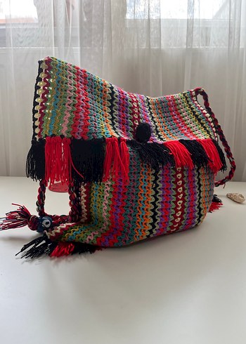 Renkli Nakışlı Bohem Kadın Örgü Çanta - Görsel 5