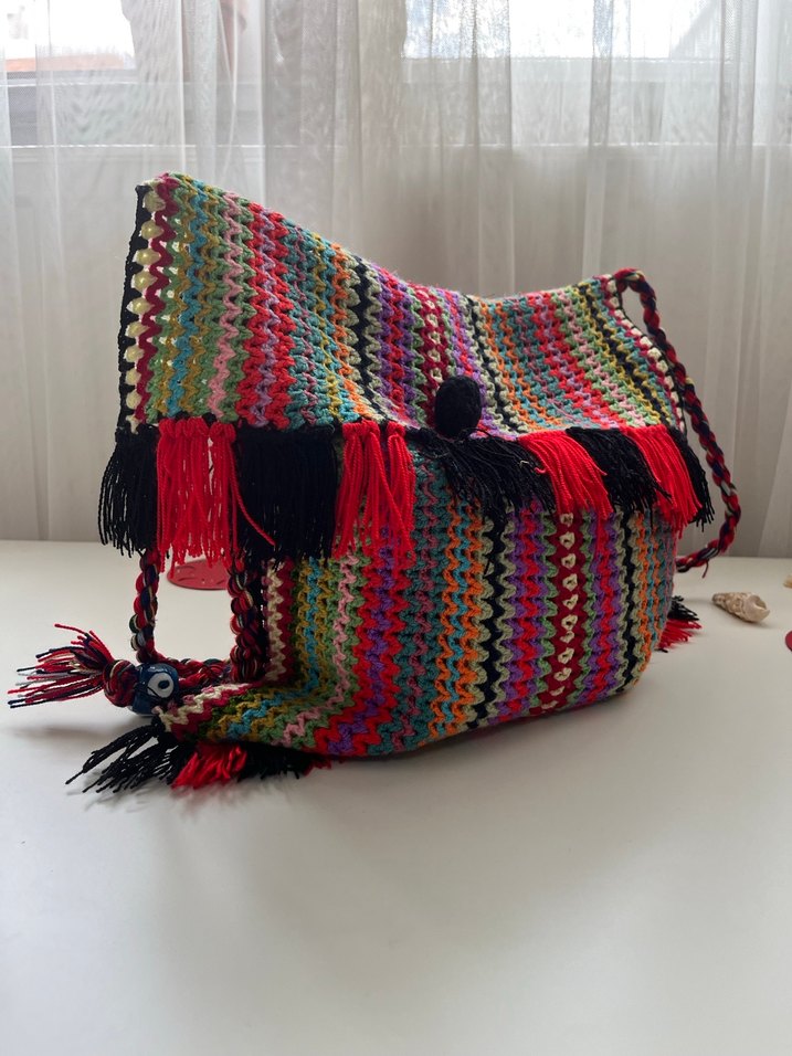 Renkli Nakışlı Bohem Kadın Örgü Çanta - Görsel 5
