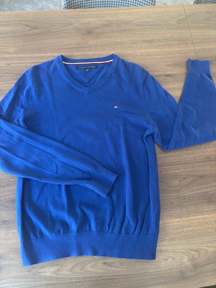 Tommy Hilfiger Erkek Mavi V Yaka Pamuklu Kazak - Görsel 3