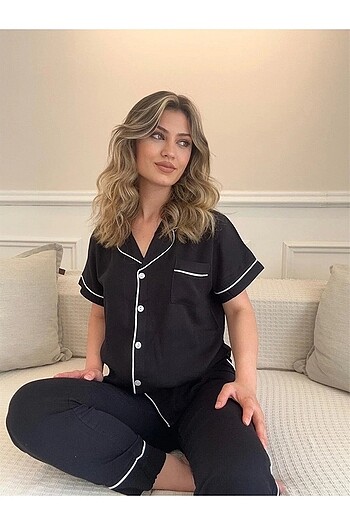 Siyah Önden Düğmeli Cepli Kadın Pijama Takımı
