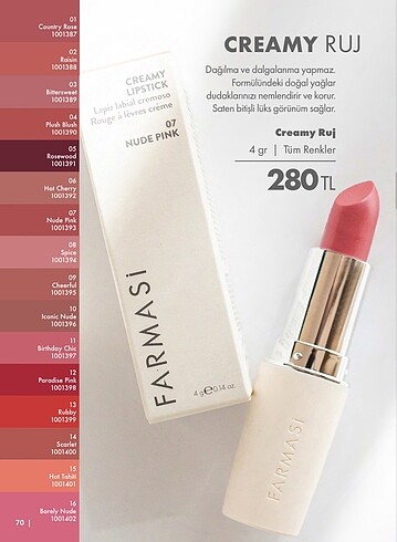 1 adet creamy ruj 07 nude pink farmasi