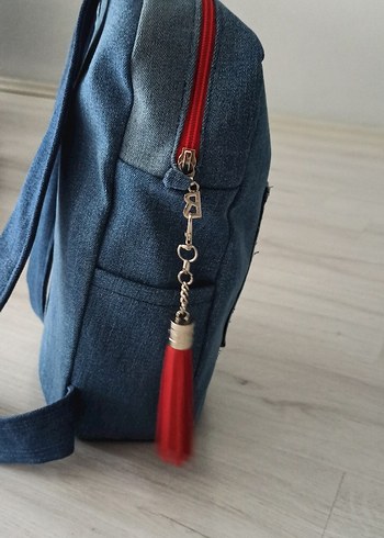 Beden mavi Renk Kot Kumaş Kadın Sırt Çantası Püsküllü