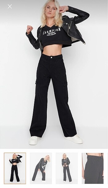 Siyah Kargo Cepli Yüksek Bel Wide Leg Jeans
