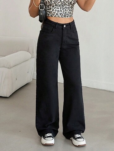 Solmayan Siyah Yüksek Bel Wide Leg Jeans