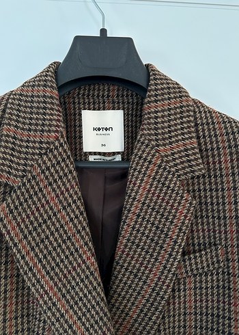 Düğmeli Kahverengi Ekose Kadın Blazer - Görsel 5