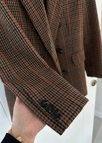 Düğmeli Kahverengi Ekose Kadın Blazer - Görsel 4