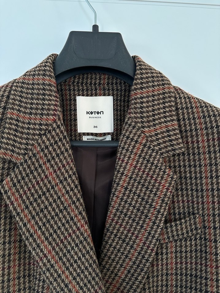 Düğmeli Kahverengi Ekose Kadın Blazer - Görsel 5