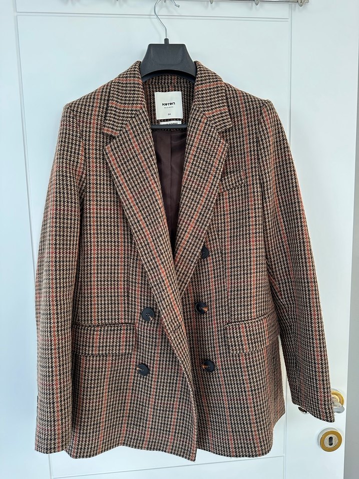 Düğmeli Kahverengi Ekose Kadın Blazer - Görsel 2