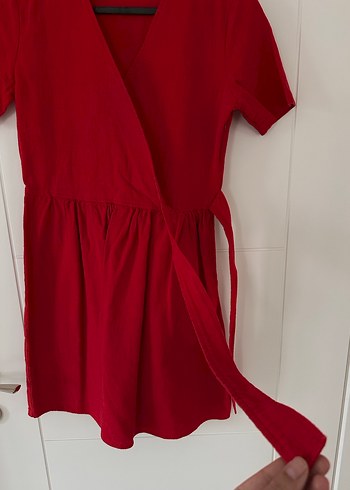 Kırmızı Keten Kısa Elbise - Görsel 2