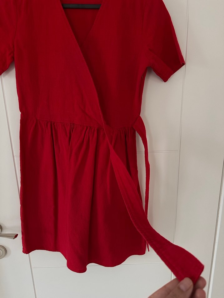 Kırmızı Keten Kısa Elbise - Görsel 2