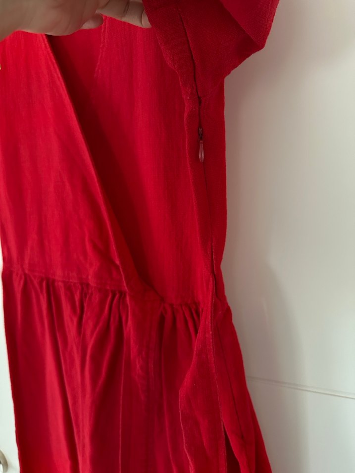 Kırmızı Keten Kısa Elbise - Görsel 3