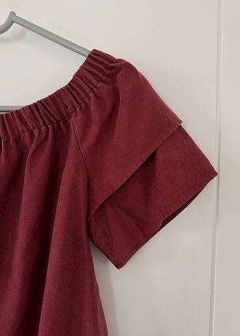 H&M Bordo Kayık Yaka Fırfırlı Kadın Bluz - Görsel 3