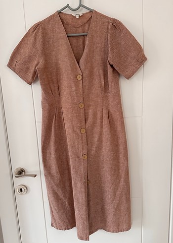 Düğmeli Keten Midi Elbise - Görsel 2