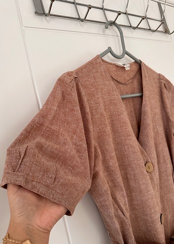 Düğmeli Keten Midi Elbise - Görsel 5