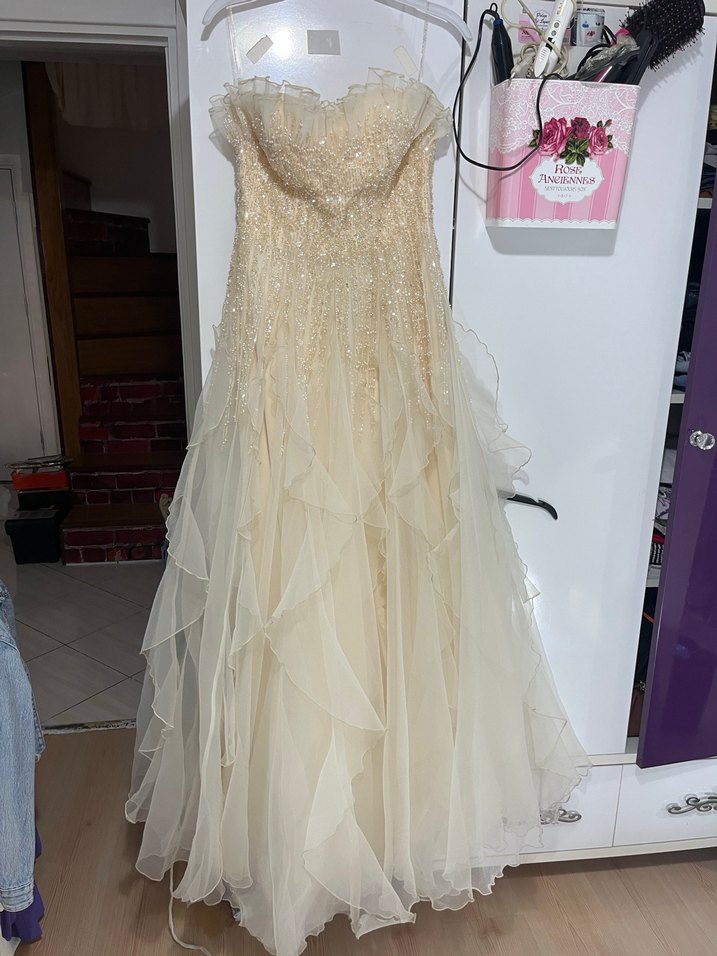 Straplez Vintage A Kesim Beyaz nişanlık - Görsel 3