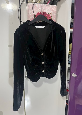 Düğmeli Siyah Süet V Yakalı Kadın Gömlek - Görsel 2