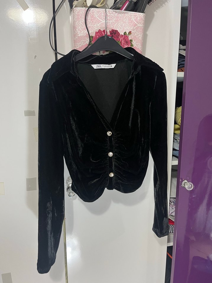 Düğmeli Siyah Süet V Yakalı Kadın Gömlek - Görsel 2