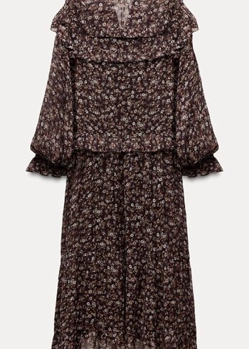 Kahverengi Çiçek Desenli Uzun Bohem Elbise - Görsel 6