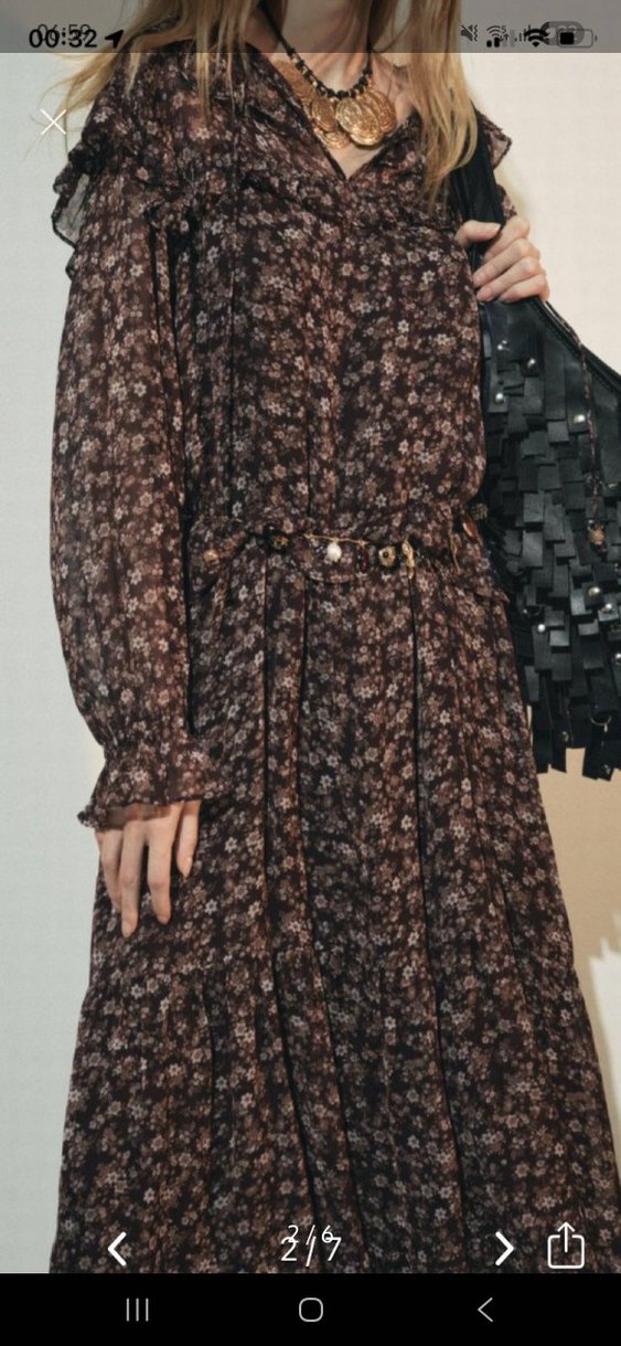 Kahverengi Çiçek Desenli Uzun Bohem Elbise - Görsel 2