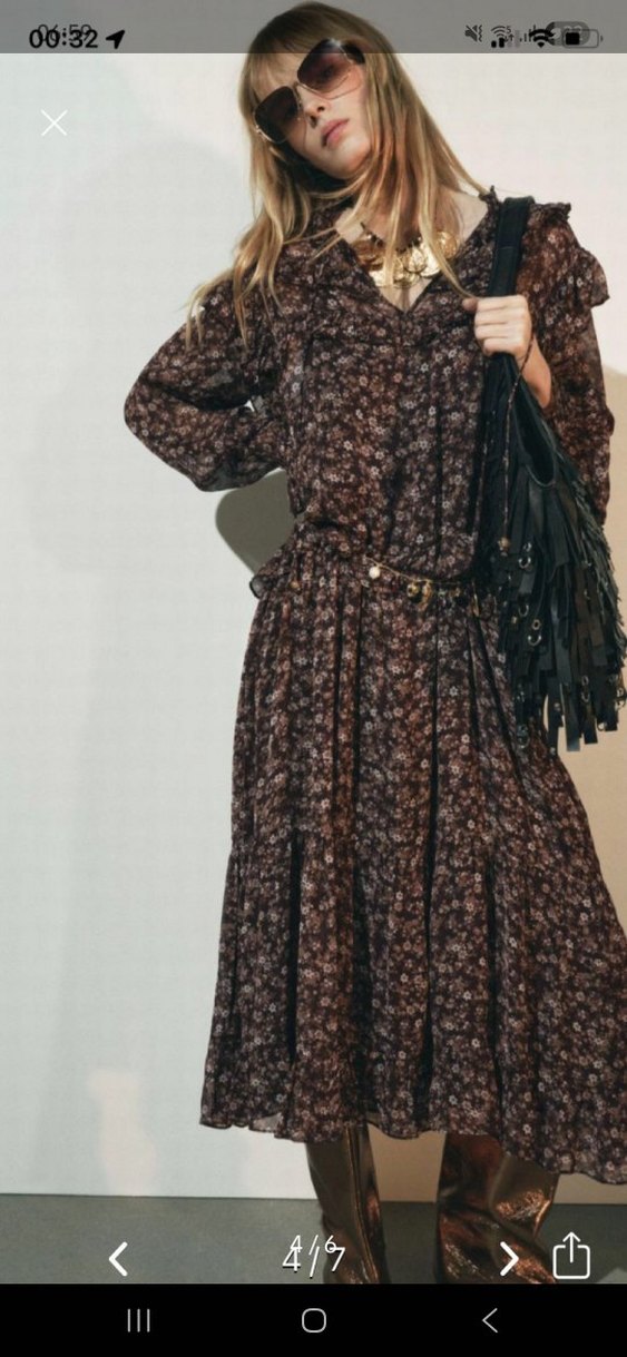 Kahverengi Çiçek Desenli Uzun Bohem Elbise - Görsel 4