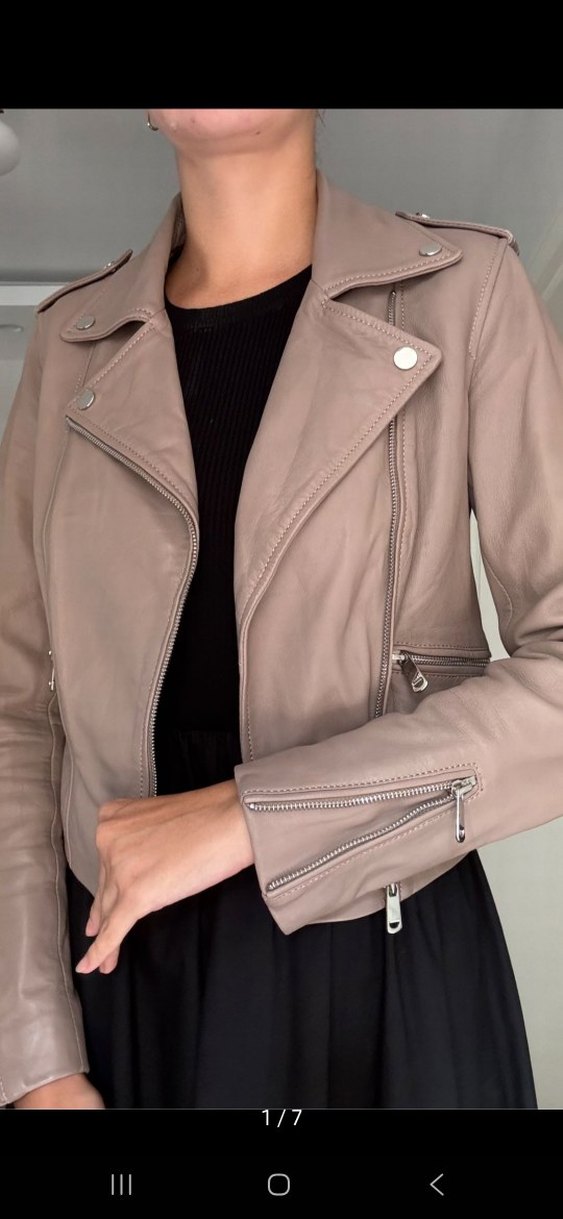 Bej Kadın Deri Biker Ceket - Görsel 3