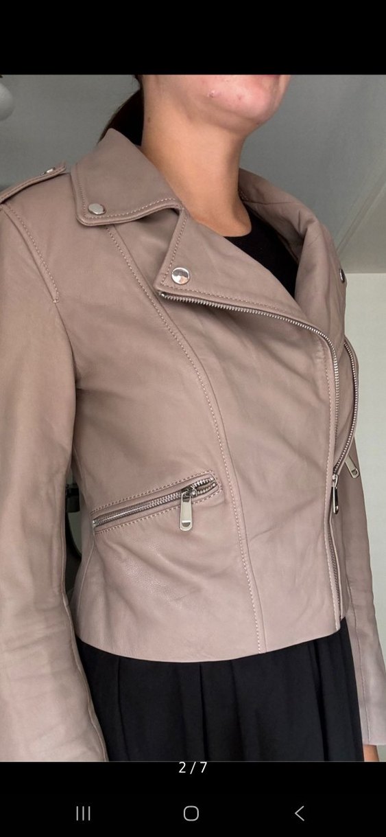 Bej Kadın Deri Biker Ceket - Görsel 2
