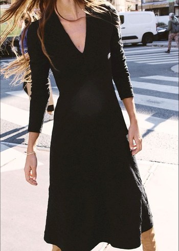 Siyah Kadın Uzun Süet Elbise V Yakalı - Görsel 3