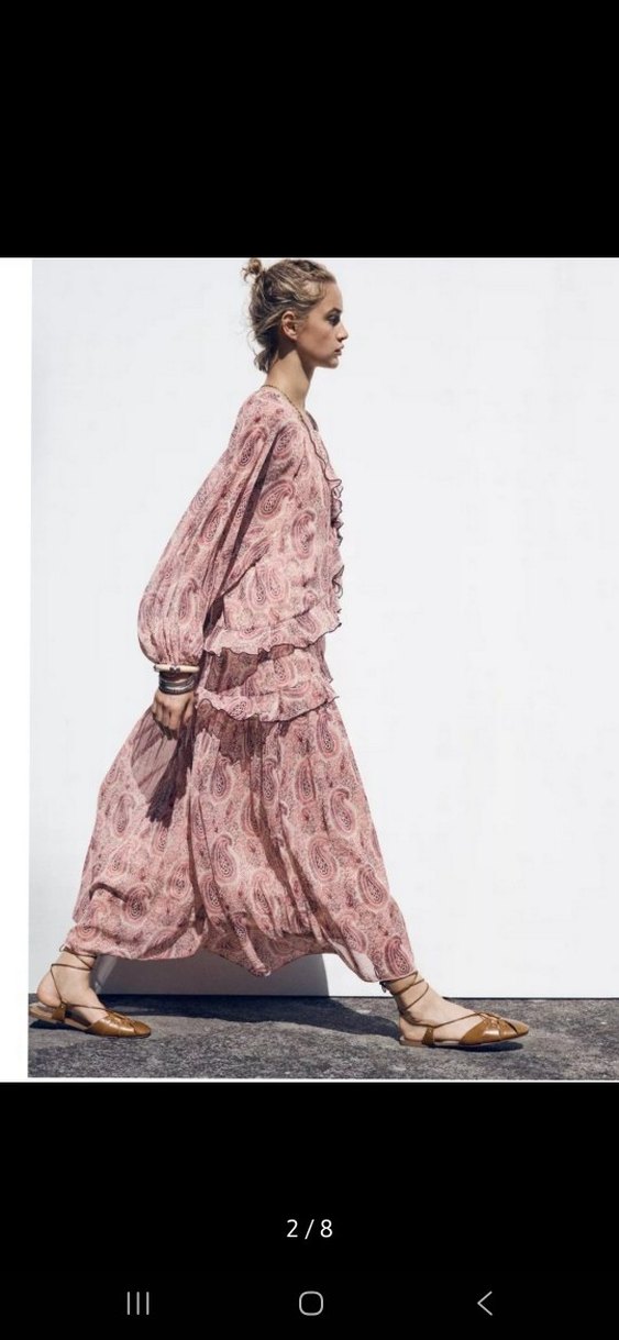 Pembe Bohem Uzun Elbise V Yaka Fırfırlı - Görsel 2