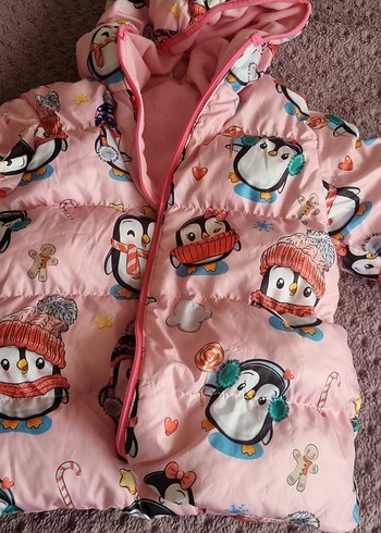 Pembe Baskılı Kapüşonlu Kız Montu