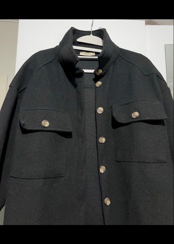 Düğmeli Siyah Midi Kadın Yün Ceket Gömlek - Görsel 3