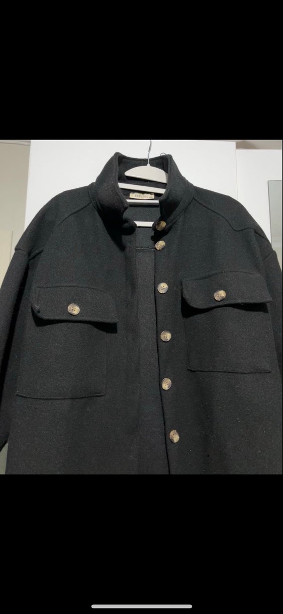 Düğmeli Siyah Midi Kadın Yün Ceket Gömlek - Görsel 3