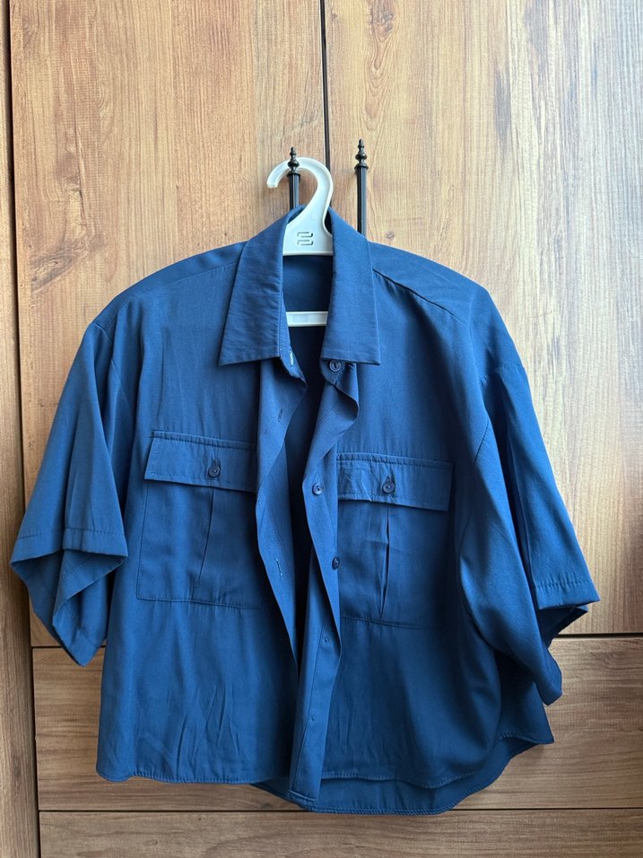 Kadın Lacivert Kısa Kollu Denim Gömlek - Görsel 3