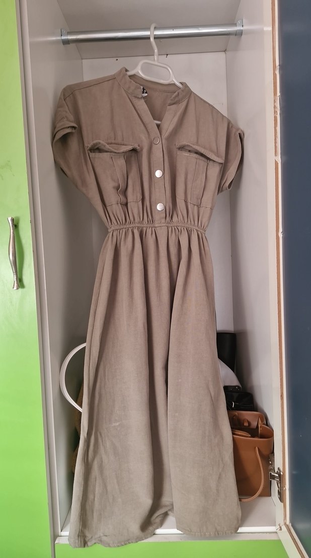 Düğmeli Bej Keten Uzun Elbise - Görsel 2