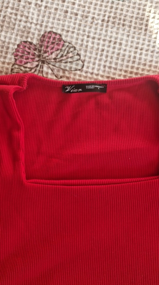 Kırmızı Kadın Kısa Kollu Dar Kesim Tişört - Görsel 2