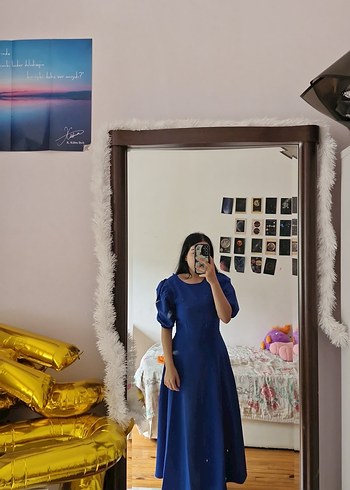 Mavi Uzun Kadın Elbise, Drapeli, Kısa Kollu - Görsel 5