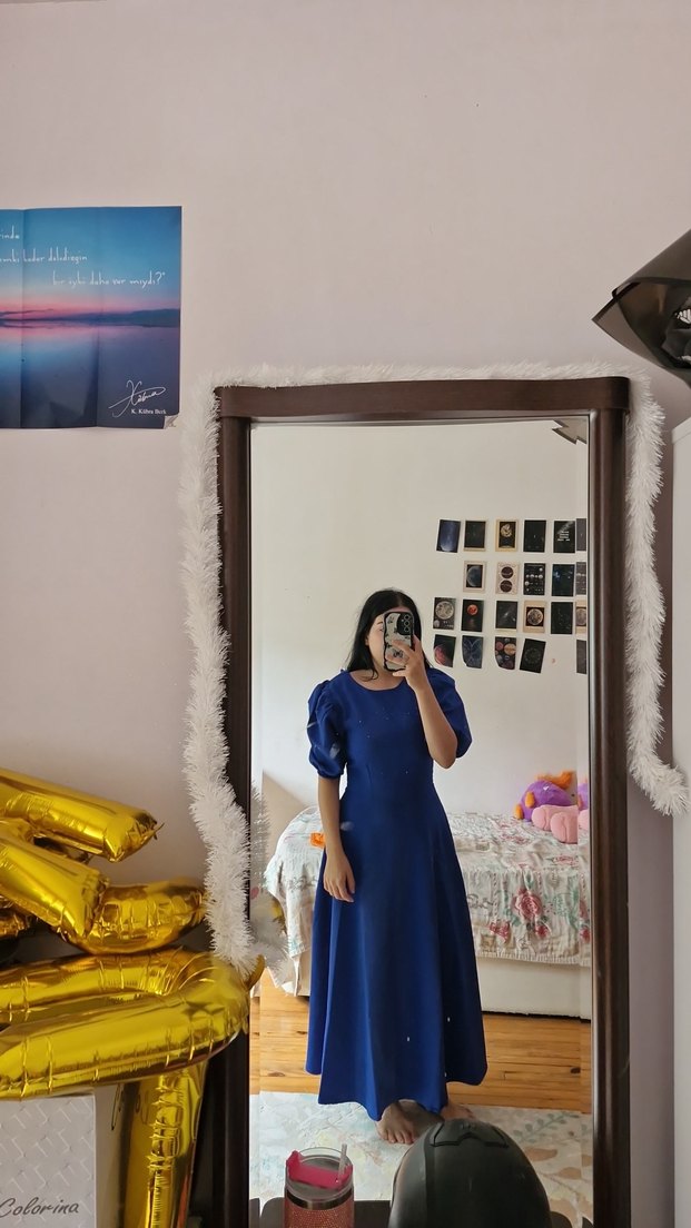 Mavi Uzun Kadın Elbise, Drapeli, Kısa Kollu - Görsel 5