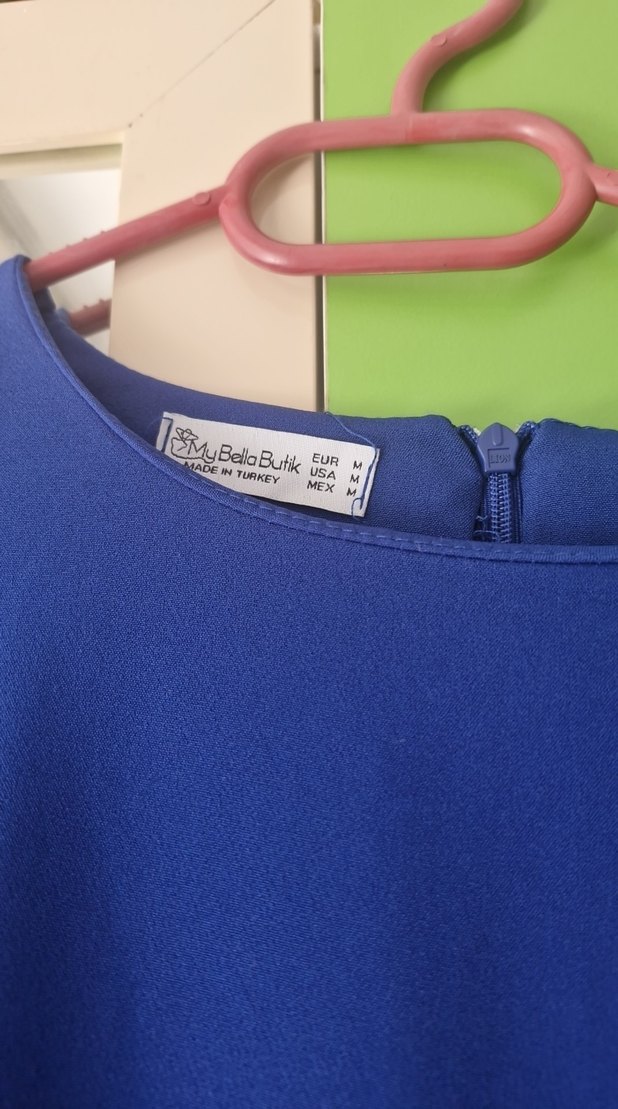 Mavi Uzun Kadın Elbise, Drapeli, Kısa Kollu - Görsel 3