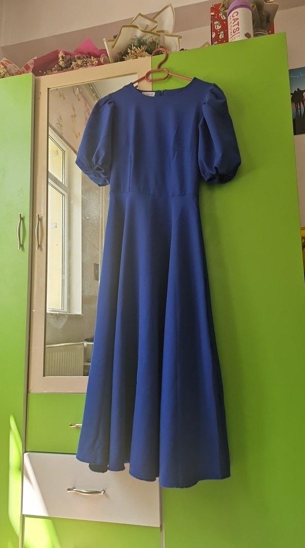 Mavi Uzun Kadın Elbise, Drapeli, Kısa Kollu - Görsel 2