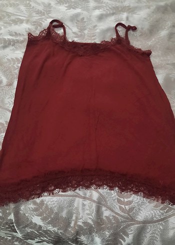 diğer Beden Bordo Dantel Detaylı İpek Görünümlü Askılı Bluz