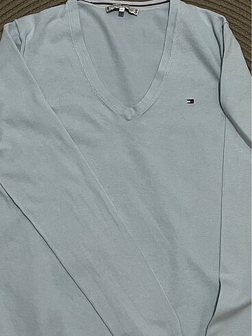 Tommy Hilfeger v yaka açık mavi sweatshirt - Görsel 2
