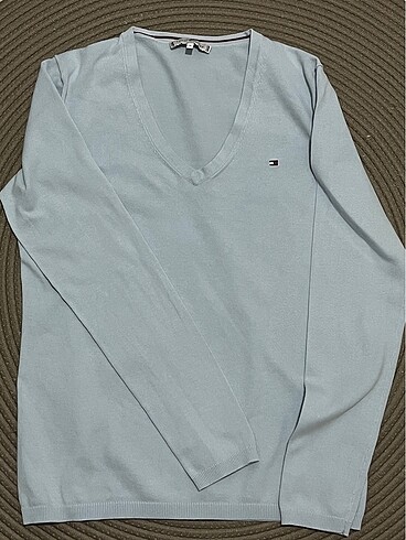 Tommy Hilfeger v yaka açık mavi sweatshirt - Görsel 3