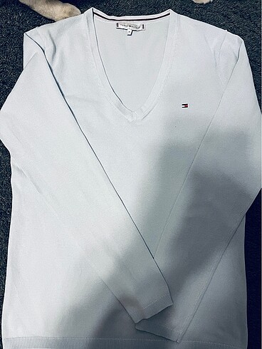 Tommy Hilfeger v yaka açık mavi sweatshirt - Görsel 7